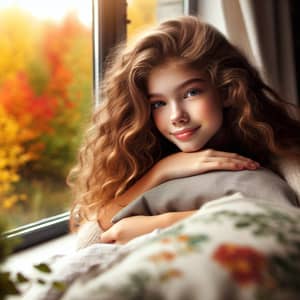 15-Year-Old European Girl Relaxing on Bed with Autumn View