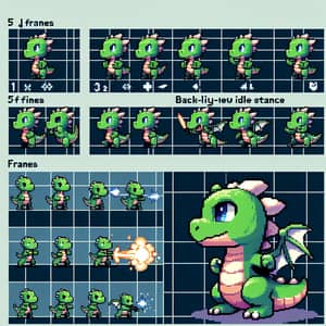 Pixel Art Sprite Sheet for Green Tiny Dragon - RPG Character Design
