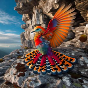 Vibrant Rock Bird: Exquisite Plumage on Rocky Cliff