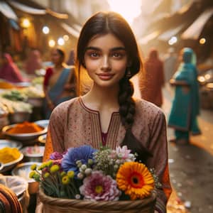 Young South Asian Girl Selling Fresh Flowers at Vibrant Indian Market