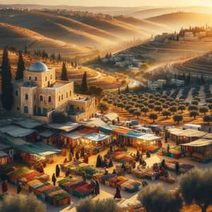 Historic Palestine Landscape with Olive Trees | Market Stalls at Twilight
