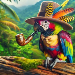 Colorful Parrot with Hat and Smoking Pipe - Tropical Jungle Scene