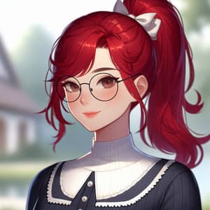 Confident Character with Bright Red Hair in High Ponytail