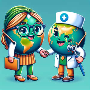 Cartoon Image: Earth Teacher & Medical Student Holding Hands