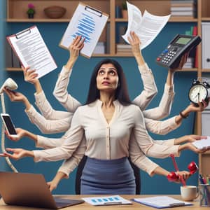 Multitasking South Asian Businesswoman Struggling with Many Tasks