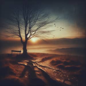 Somber Scene of Loss: Barren Landscape with Lone Tree & Setting Sun