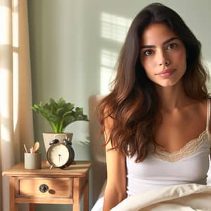 Serene Morning Scene of 27-Year-Old Hispanic Woman in Light-Colored Bedroom