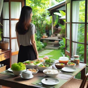 Asian Woman at Dining Table with Backyard View