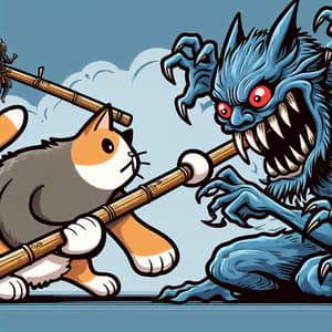 Cat Battling Monster with Bamboo Stick