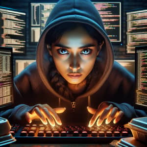 Close-up Image of South Asian Female Hacker Engaged in Cyber Attack