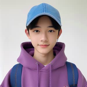 Young Chinese Boy in Blue Cap and Purple Hoodie