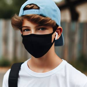 Boy with Blue Cap, Black Face Mask & White T-Shirt