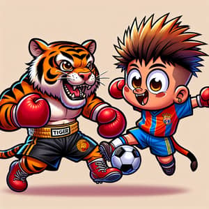Ferocious Tiger Boxing Football Match vs Mischievous Cartoon Boy