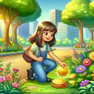 Girl Finds Golden Coin in Vibrant City Park
