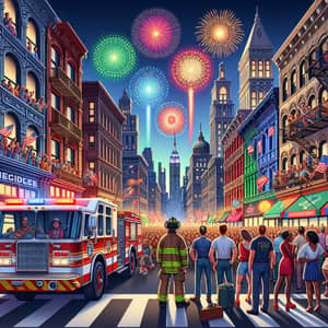 City Celebration Fireworks Display | Diverse Crowd & Firefighter
