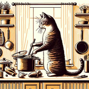 Cute Cat Cooking on Kitchen Counter - Wholesome Meal Preparation