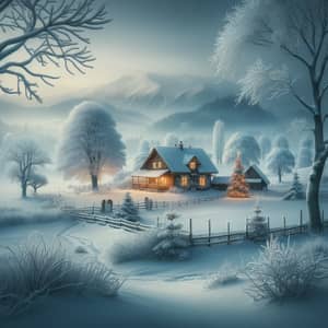 Serene Winter Scene: Snow-Covered House in Tranquil Setting