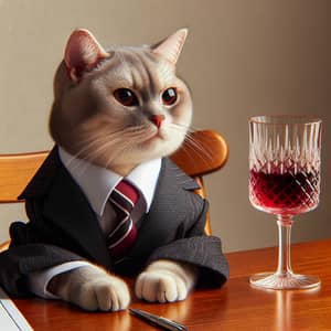 Clever Cat in Business Attire Enjoying Wine at Table
