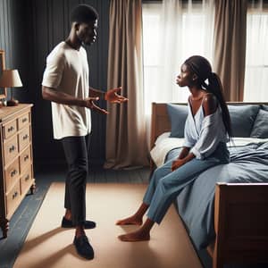 African Husband and Wife Arguing in Neatly Furnished Bedroom