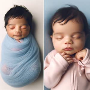 Newborn Babies of South Asian and Hispanic Descent Swaddled in Blue and Pink