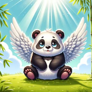 Fluffy Black and White Panda with Wings in Grass Meadow
