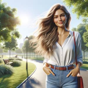 Caucasian Woman Enjoying Serene Park Moment | Blue Jeans & White Shirt