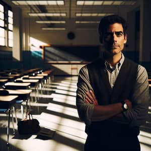Thoughtful Hispanic Male Professor in Empty School Building