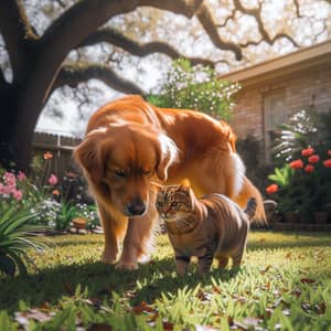 Golden Retriever and Ginger Cat: Serene Garden Encounter