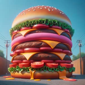 Whimsical Giant Burger with Candy-like Pink Buns and Sizzling Patties