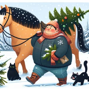 Overweight Teenager Leading Horse with Black Cat and Fir Tree