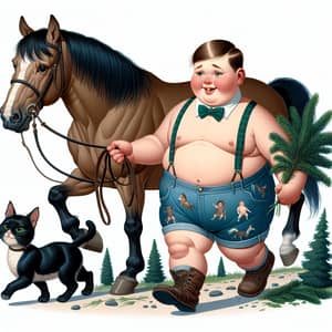 Chubby Teenager Leading Horse with Black Cat and Pine Tree