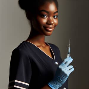 Professional Black Female Nurse with Sterilized Syringe