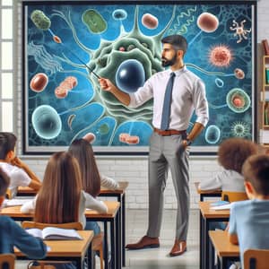 Middle-Eastern Male Teacher Explains Cell Components in Classroom Setting