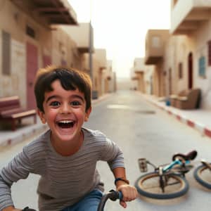 Joyful Middle Eastern Boy Playing in Traditional Neighborhood