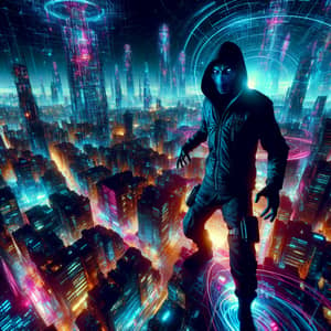 Dynamic Cyberpunk Cityscape with Mysterious Figure