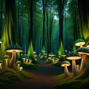 Serene Forest with Majestic Trees and Mushroom-Shaped Lamps
