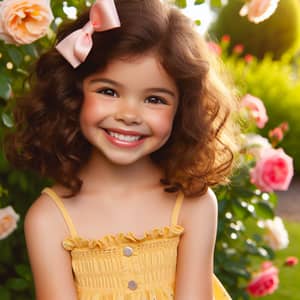 Smiling Hispanic Girl in Yellow Sundress by Rose Bush