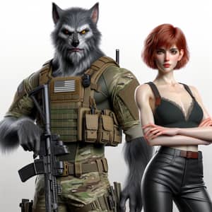 Realistic Werewolf in Military Special Forces Uniform with Woman