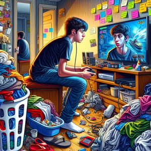 Teen Engrossed in Video Game Chaos | Digital Adventure Scene