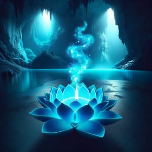 Vibrant Blue Lotus Candle Illuminating Underwater Cave