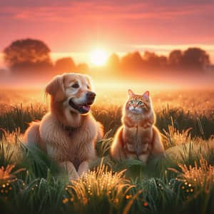 Tranquil Sunrise Scene with Golden Retriever Dog and Tabby Cat