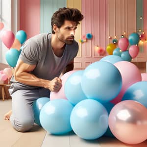 Playful Man Popping Balloons | Fun Party Room Scene
