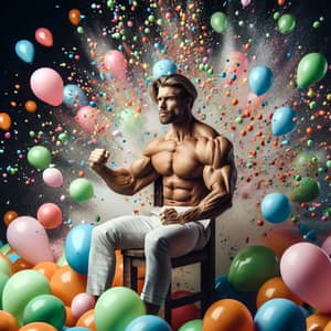Muscular Man Sitting on Colorful Balloons | Playful Strength Image