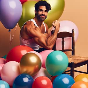 Muscular Hispanic Man Popping Balloons with Chair | Exciting Scene