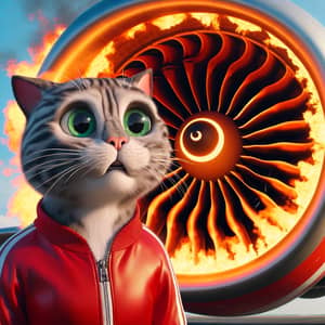 Hyperrealistic Cartoon Cat in Red Track Suit Sees Airplane Engine Ablaze