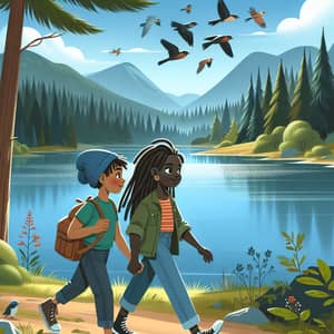 Lake Stroll: Girl with Dreadlocks and Boy | Tranquil Forest View