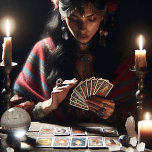 Hispanic Fortune Teller Using Tarot Cards in Dark Room