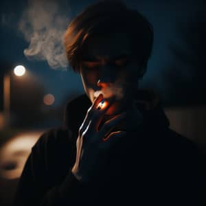 Enigmatic Night Scene: Solitary Figure Smoking Amidst Shadows