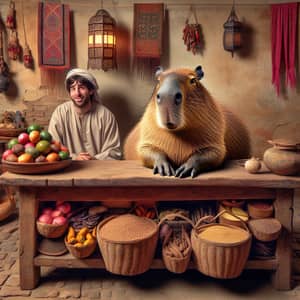 Relaxed Capybara Trading Assortment of Goods in Traditional Marketplace
