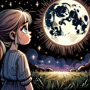 Enchanting Girl gazing at Radiant Moon in Vivid Cartoon Style